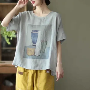 Vintage Cotton Linen Women’s Loose Summer Casual Blouse