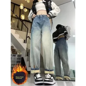 High-Waist Fleece-Lined Cotton Jeans for Winter | Kovlos