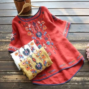 Women’s Cotton Floral Embroidery Pullover Top – Summer