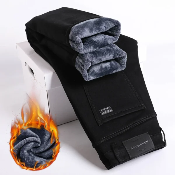 Winter Fleece Thick Warm Jeans Men's Slim Straight Elastic Denim Pants Casual Male Clothing Fashion Plush Trousers - Image 3