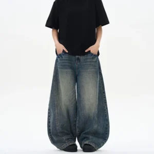 2025 Spring New Men's Jeans Oversized Wide Leg Pants Loose Vintage Patchwork Lightning Cracked Denim Trousers Streetwear Male