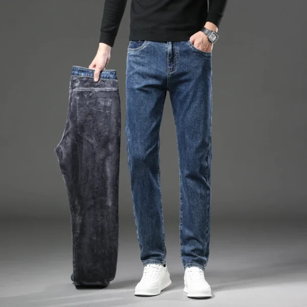 Winter Fleece Thick Warm Jeans Men's Slim Straight Elastic Denim Pants Casual Male Clothing Fashion Plush Trousers - Image 5