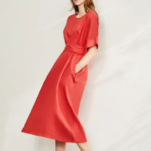 AMII Minimalist women 100% Linen O-Neck Summer Dress