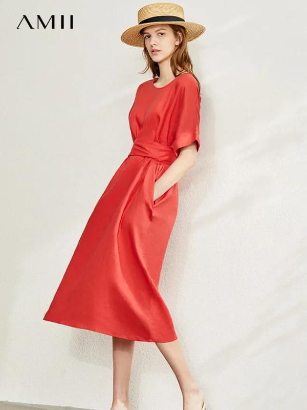 AMII Minimalist women 100% Linen O-Neck Summer Dress