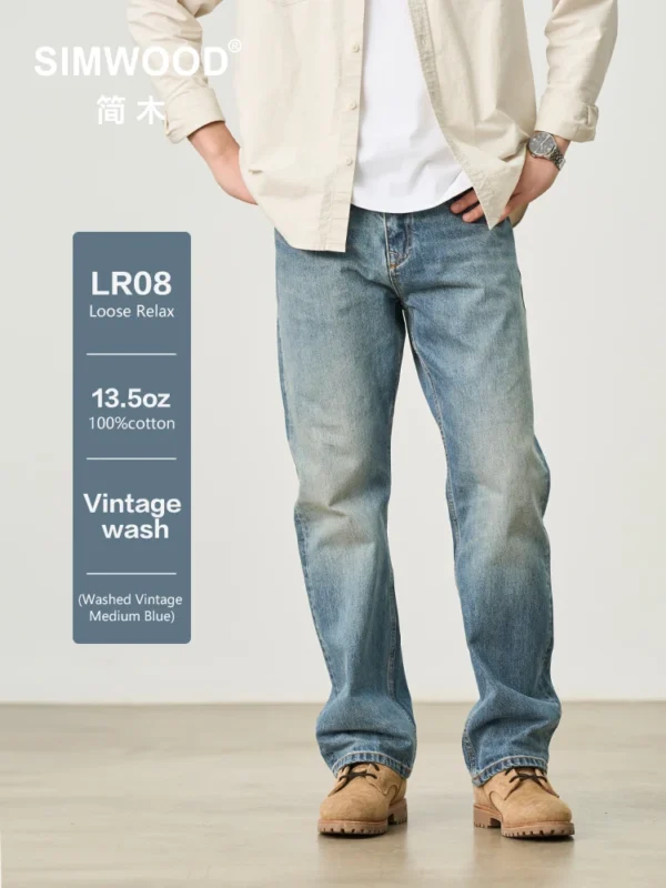 Simwood Casual Loose Bootcut Men High Quality Denim Trousers