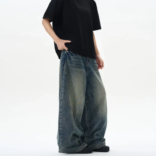 2025 Spring New Men's Jeans Oversized Wide Leg Pants Loose Vintage Patchwork Lightning Cracked Denim Trousers Streetwear Male - Image 3