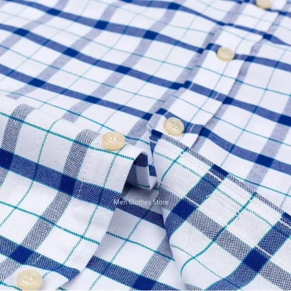 2024 100% Pure Cotton Men's Oxford Short Sleeve Square Collar Soild Plaid Striped Summer Casual Shirts Single Pocket Shirt - Image 5