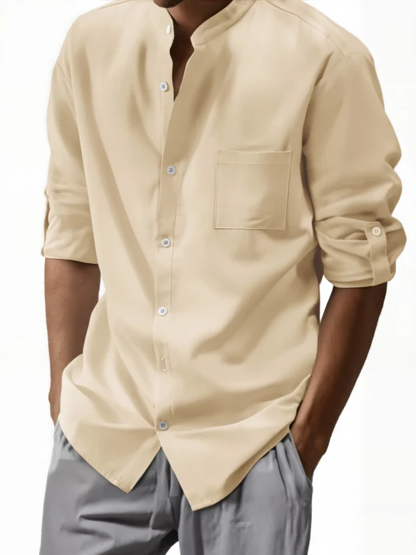New men's solid-color cotton and linen shirt, stylish for daily wear, home use and casual occasions, with buttoned vertical coll - Image 4