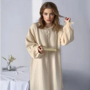 MCAO Cotton Gauze Lantern Sleeve Casual A-Line Dress