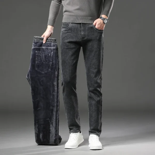 Winter Fleece Thick Warm Jeans Men's Slim Straight Elastic Denim Pants Casual Male Clothing Fashion Plush Trousers - Image 4