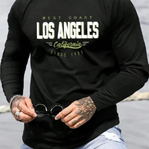 Men's 100% pure cotton loose fit comfortable sports and leisure California West Coast printed round neck long sleeved T-shirt