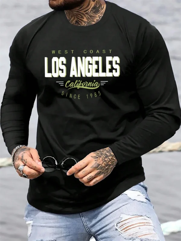 Men's 100% pure cotton loose fit comfortable sports and leisure California West Coast printed round neck long sleeved T-shirt