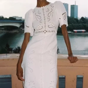 Women’s Romantic Embroidered Cotton & Linen Dress – Spring