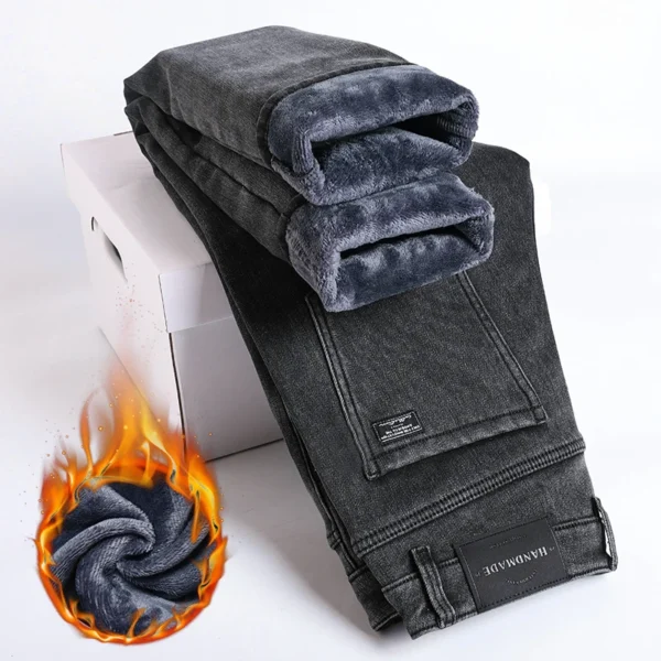 Winter Fleece Thick Warm Jeans Men's Slim Straight Elastic Denim Pants Casual Male Clothing Fashion Plush Trousers - Image 2