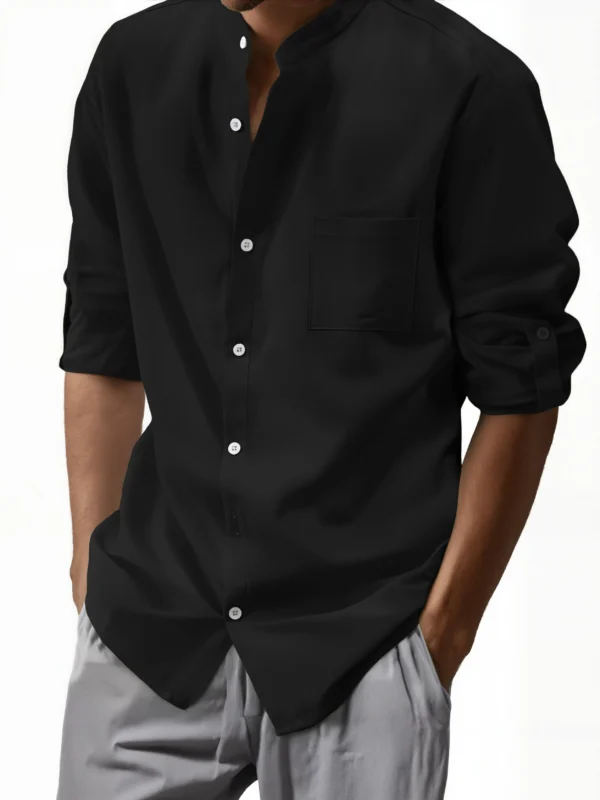 New men's solid-color cotton and linen shirt, stylish for daily wear, home use and casual occasions, with buttoned vertical coll - Image 3