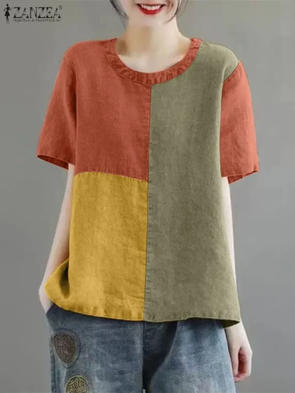 ZANZEA Women’s Patchwork Cotton Linen Blouse