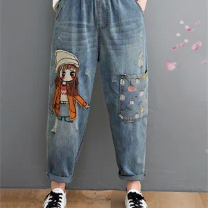 Cartoon Embroidery Harem Denim Pants – Women’s High Waist