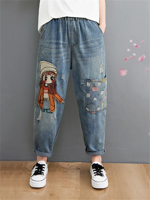 Cartoon Embroidery Harem Denim Pants – Women’s High Waist