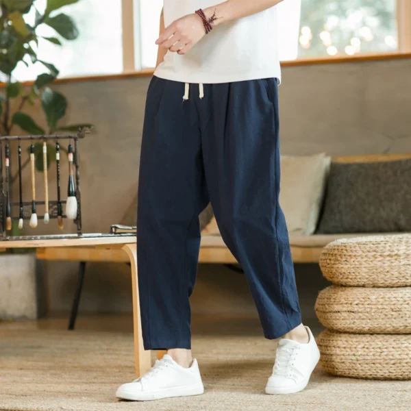 Men's Trousers Cotton Linen Fashion Casual Pants Solid Color Breathable Loose Shorts Straight Drawstring Pants Streetwear Men - Image 2