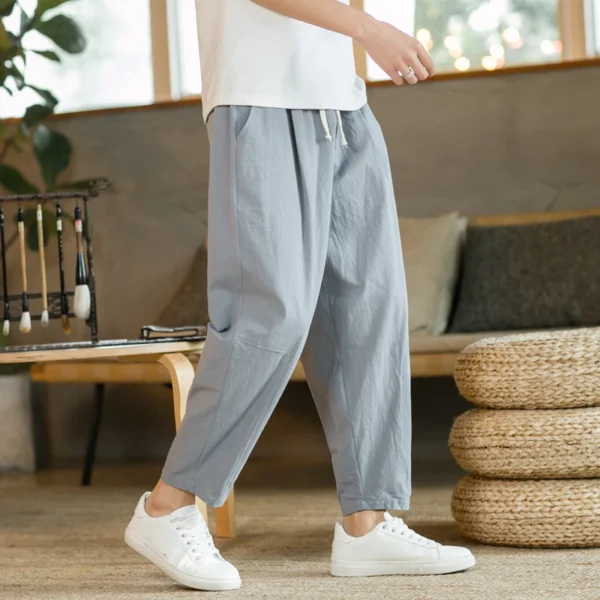 Men's Trousers Cotton Linen Fashion Casual Pants Solid Color Breathable Loose Shorts Straight Drawstring Pants Streetwear Men - Image 4