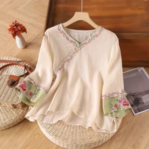 Women’s Embroidered Cotton-Linen Summer Blouse