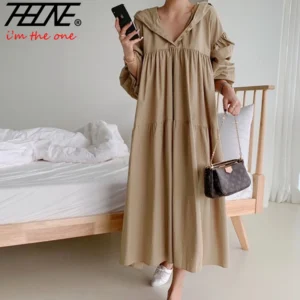 Women’s Hooded Cotton Linen A-Line Long Sleeve Dress