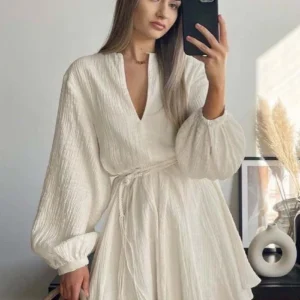 OYMIMI Elegant Beige Cotton Women’s Mini Dress