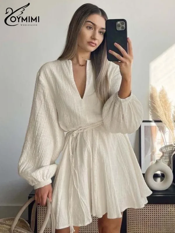 OYMIMI Elegant Beige Cotton Women’s Mini Dress