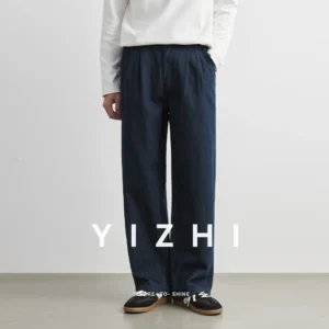 Men’s 100% Cotton Casual Loose-Fit Dark Blue Trousers Jeans