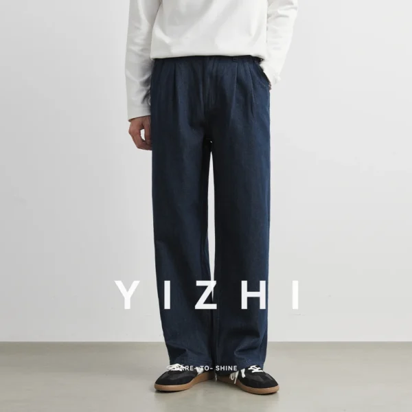 Men’s 100% Cotton Casual Loose-Fit Dark Blue Trousers Jeans
