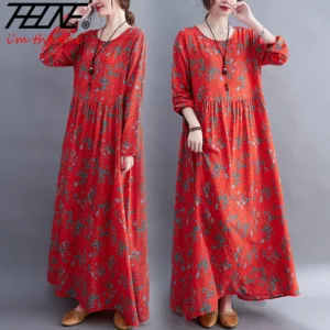 THHONE Cotton Linen Floral Casual Maxi Dress for Women