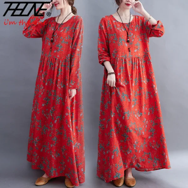 THHONE Cotton Linen Floral Casual Maxi Dress for Women