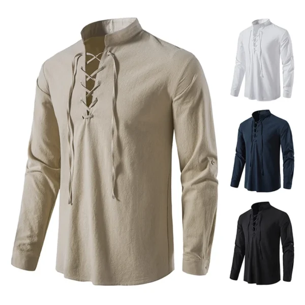 New Men's Casual Blouse Cotton Linen Shirt Tops Long Sleeve Tee Shirt Spring Autumn Slanted Placket Vintage Yoga Shirts - Image 2