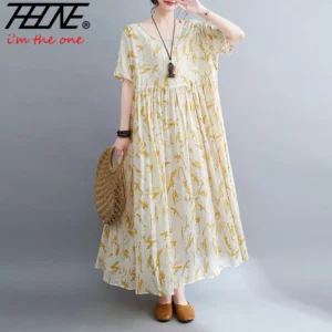 Summer Chic Cotton Linen Mid-Calf Dress for Women