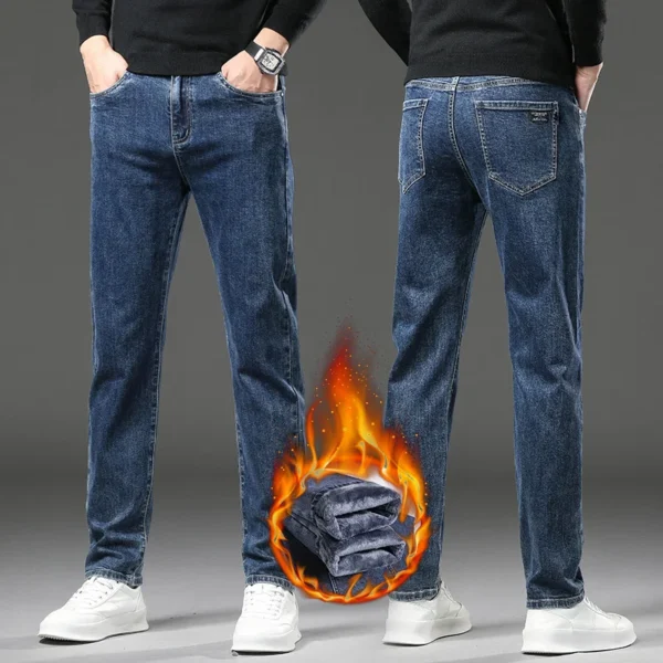 Winter Fleece Thick Warm Jeans Men's Slim Straight Elastic Denim Pants Casual Male Clothing Fashion Plush Trousers - Image 6