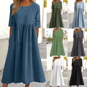 Summer Women’s Cotton Linen Casual Ankle-Length Dress