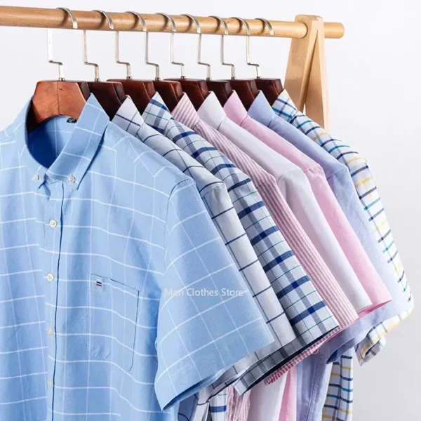 2024 100% Pure Cotton Men's Oxford Short Sleeve Square Collar Soild Plaid Striped Summer Casual Shirts Single Pocket Shirt - Image 6