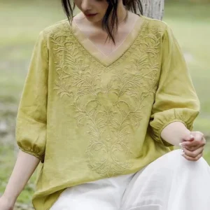 Summer Cotton Linen Tops for Women – Casual & Embroidered