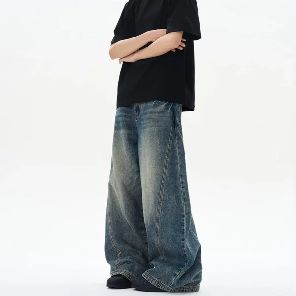 2025 Spring New Men's Jeans Oversized Wide Leg Pants Loose Vintage Patchwork Lightning Cracked Denim Trousers Streetwear Male - Image 4
