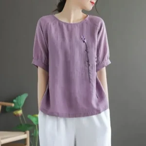 100% Cotton Embroidered Loose Pullover Casual Top – White