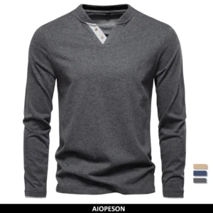 AIOPESON Henley Collar T Shirt Men Casual Solid Color Long Sleeve Autumn Fashion High Quality 100% Cotton Mens T Shirts