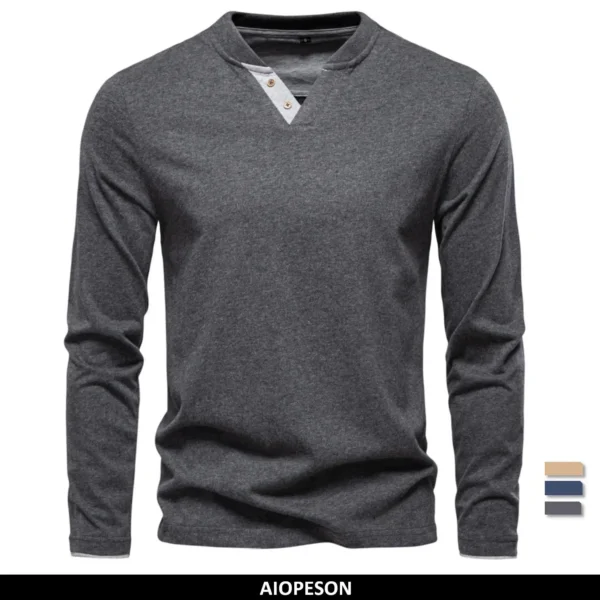 AIOPESON Henley Collar T Shirt Men Casual Solid Color Long Sleeve Autumn Fashion High Quality 100% Cotton Mens T Shirts
