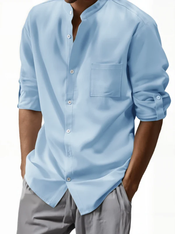 New men's solid-color cotton and linen shirt, stylish for daily wear, home use and casual occasions, with buttoned vertical coll - Image 2