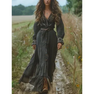 Retro Floral V-Neck Ankle-Length Cotton Dress for Women