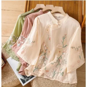 Women’s Summer Casual Cotton-Linen Embroidered Blouse