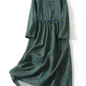 AnGenk Autumn Cotton Linen Vintage Printed Dress