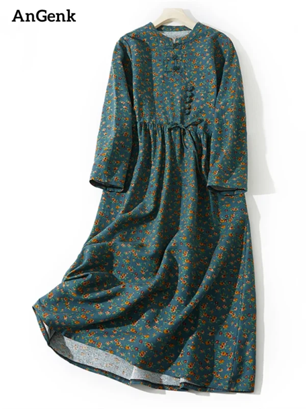 AnGenk Autumn Cotton Linen Vintage Printed Dress