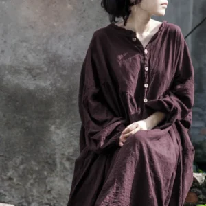 Retro Cotton Linen Lantern Sleeve Maxi Dress for Women