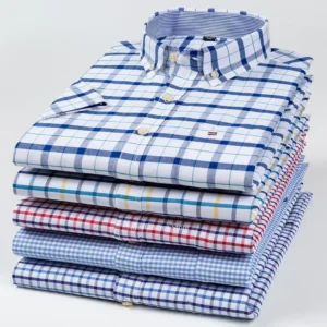 2024 100% Pure Cotton Men's Oxford Short Sleeve Square Collar Soild Plaid Striped Summer Casual Shirts Single Pocket Shirt