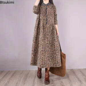 Btsukimi 2025 Autumn Cotton Linen Floral A-Line Dress